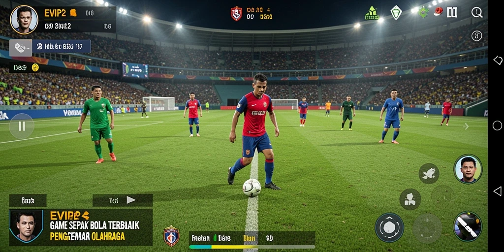 Screenshot gameplay EVIP2 dengan aksi sepak bola mendebarkan.