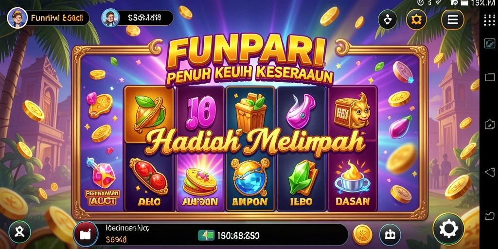 Tampilan gameplay FUNPARI dengan gulungan slot yang berputar dan simbol-simbol menawan.