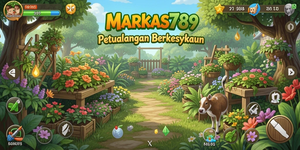 Screenshot gameplay MARKAS789 menampilkan keindahan ladang yang subur dan beragam tanaman.