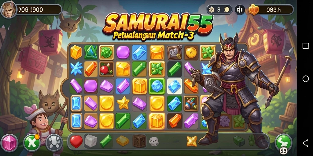 Screenshot gameplay Match-3 SAMURAI555 yang menampilkan kombinasi warna-warni.